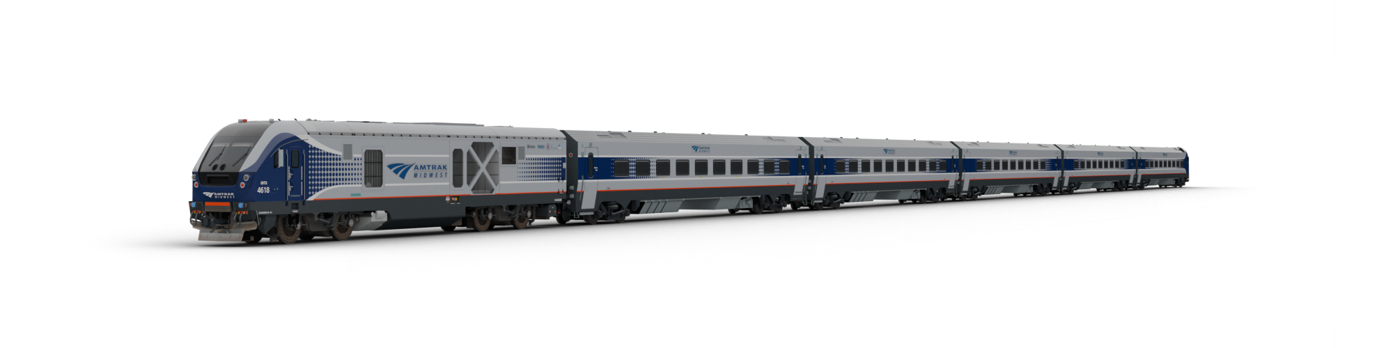 Amtrak midwest train with a Siemens Charger locomotive and Venture cars