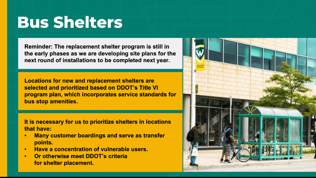 The bus shelter replacement program is still in the early phases, with the next round of installations planned for next year. DDOT prioritizes shelters at transfer points, locations with a concentration of vulnerable users, or locations with otherwise meet criteria based on DDOT's Title Six program plan.