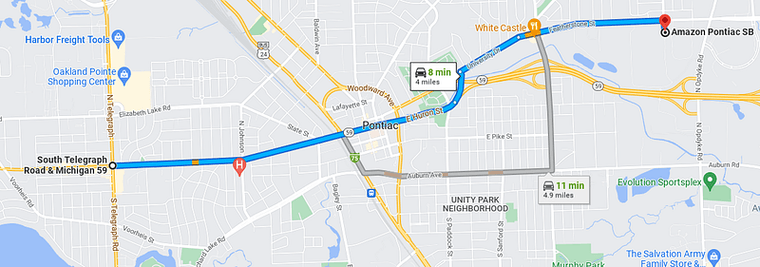 A Google Maps screenshot of the driving route between Telegraph and Amazon Pontiac.