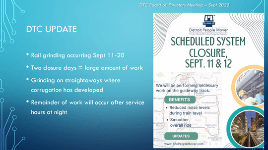 A slide from a board presentation outlining a scheduled system closure on September 11th and 12th for track maintenance.