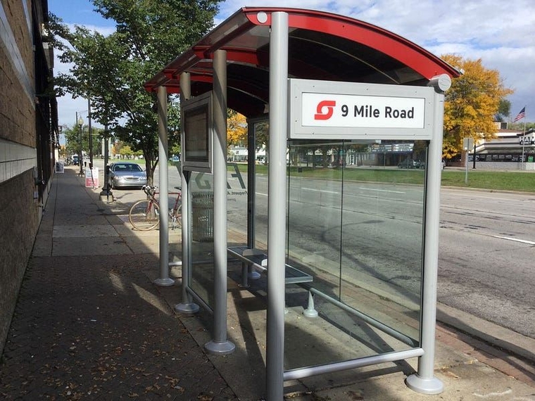 A modern bus shelter at Nine Mile Road in Ferndale