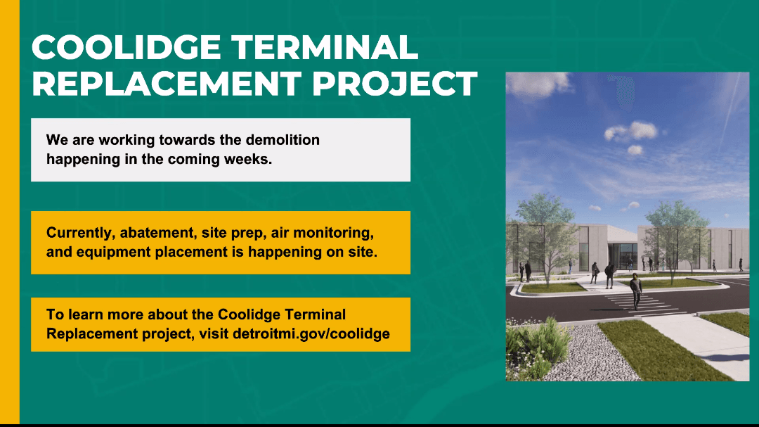 A slide outlining the Coolidge Terminal replacement project. DDOT is working towards the demolition in the coming weeks. Currently, abatement, site prep, air monitoring, and equipment placement is happening on site.