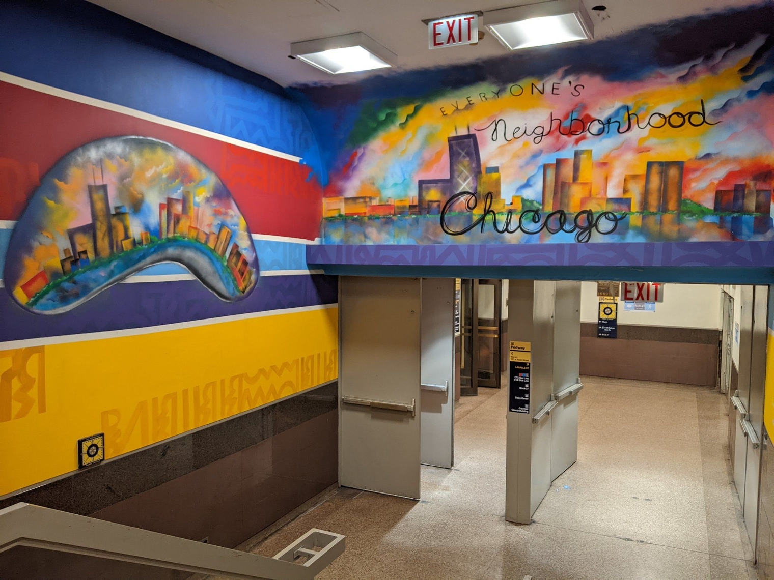 "Everyone's Neighborhood Chicago" mural on a ceiling above the door