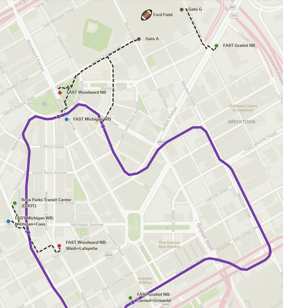 A map of the People Mover route and adjacent FAST bus stops