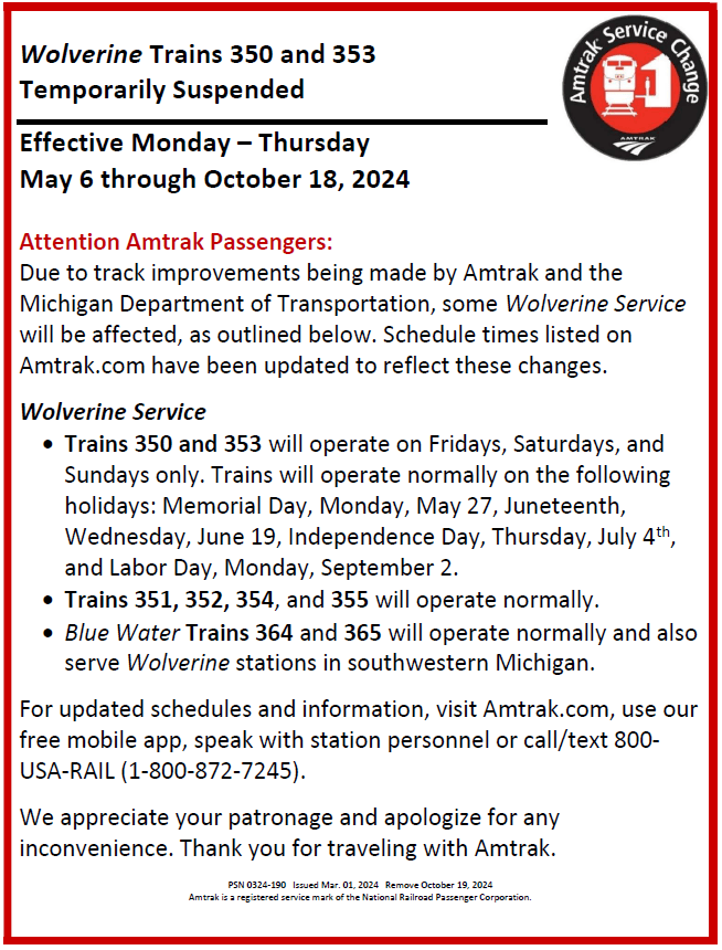 Wolverine Trains 350 and 353 Temporarily Suspended, May 6 through October 18th