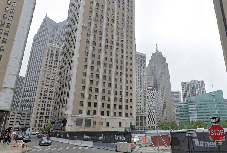 Street View image of Bates Street looking towards Cadillac Tower and Campus Martius