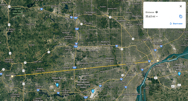 A Google Earth screenshot of the distance between Detroit and Ann Arbor