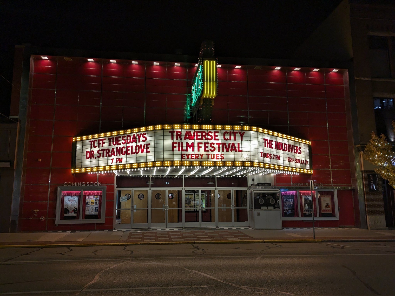 State Theater marquee, lit up at night