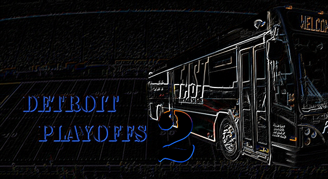 An image of a SMART FAST bus in front of Ford Field with caption "Detroit Playoffs" stenciled in blue, with a neon filter applied