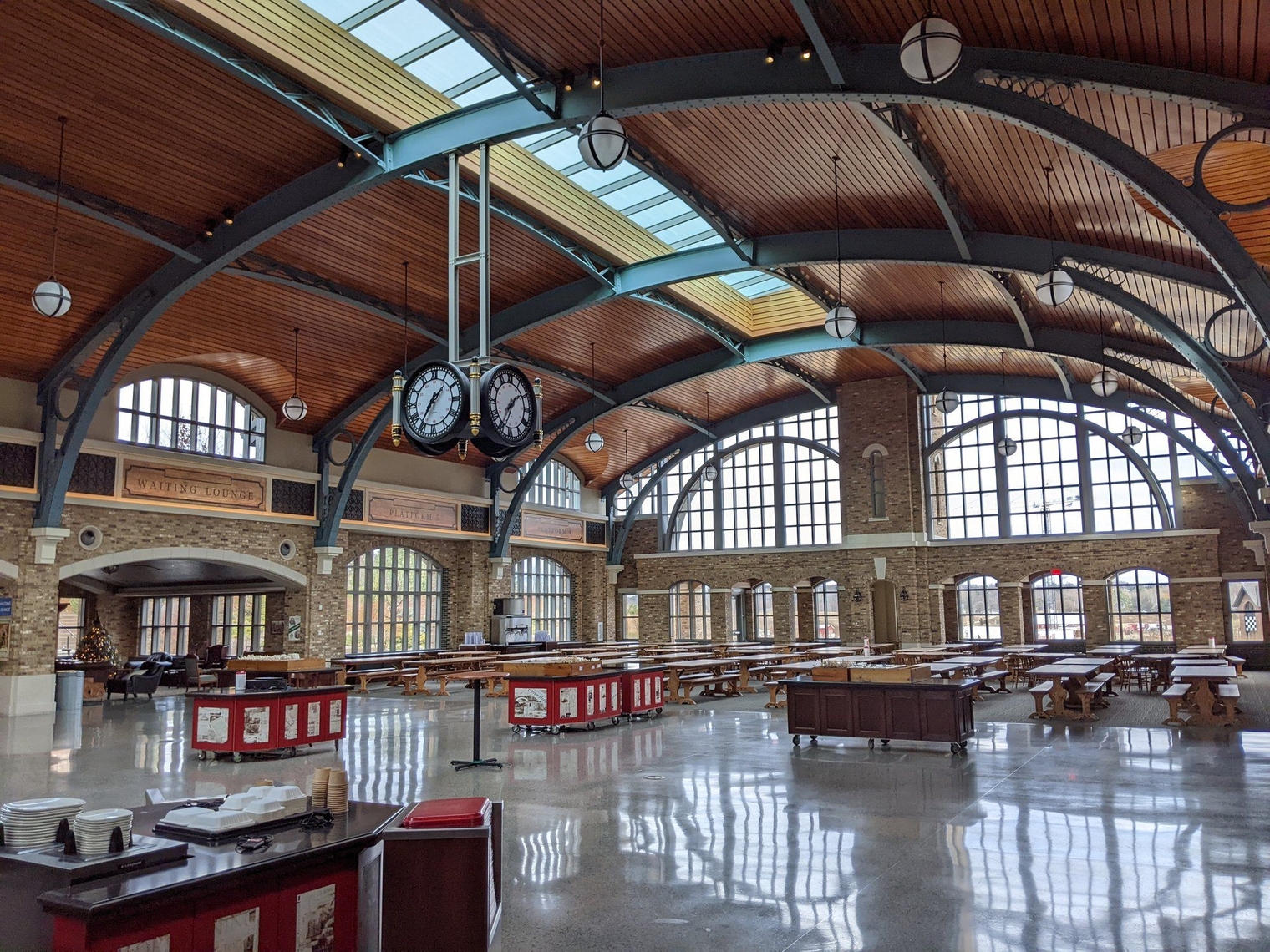 Cafeteria themed like a train station