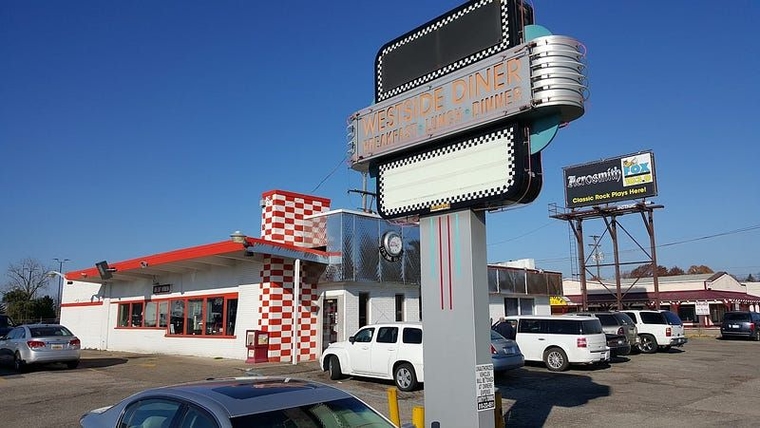 Red and white checkered diner with shiny metallic siding