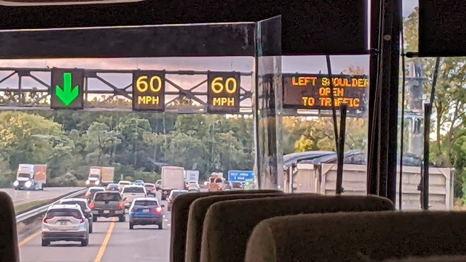 US-23 Flex lanes, with a green arrow illuminated on a digital sign over the shoulder