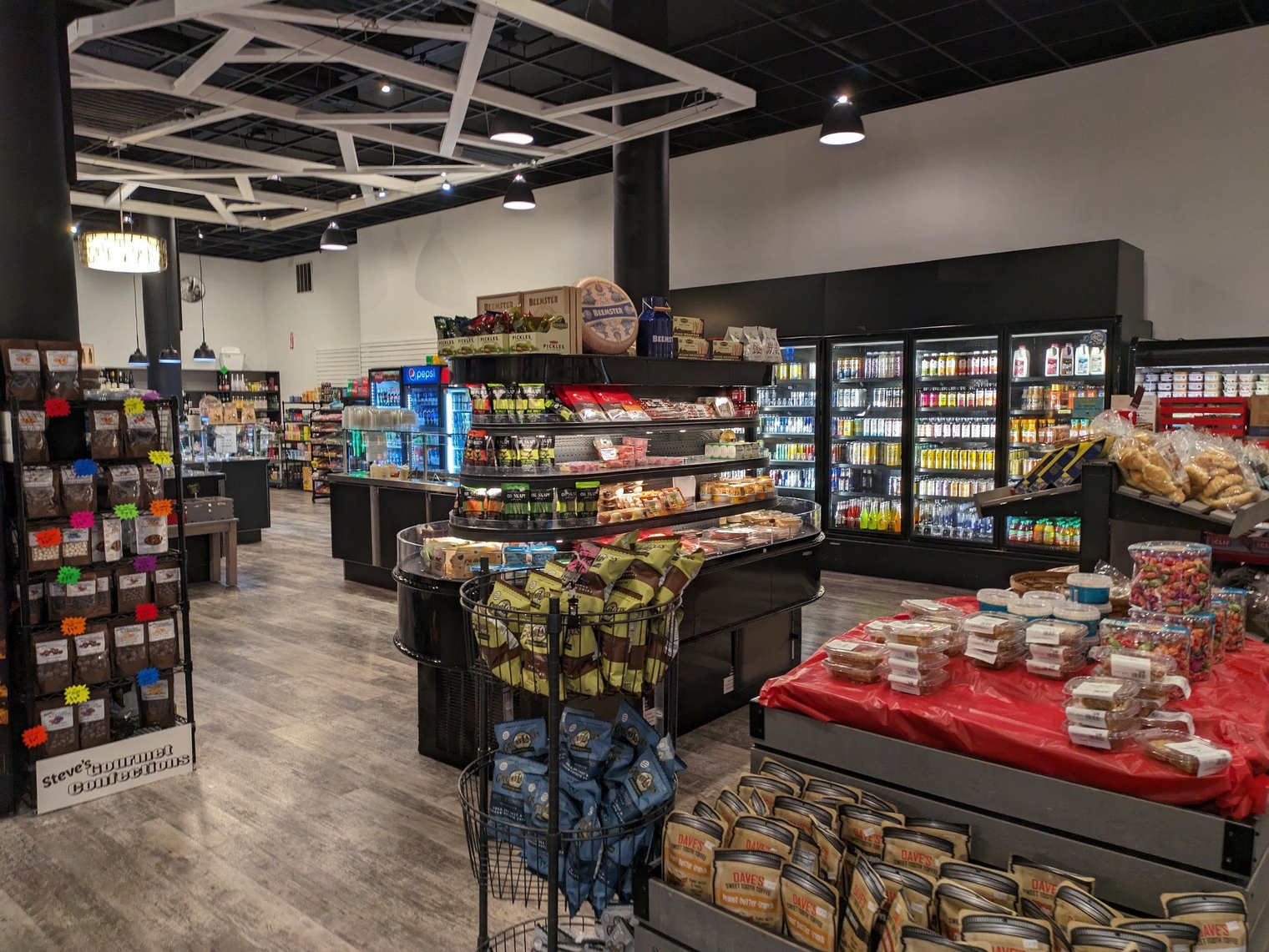 A market along the pedestrian mall with grab and go food