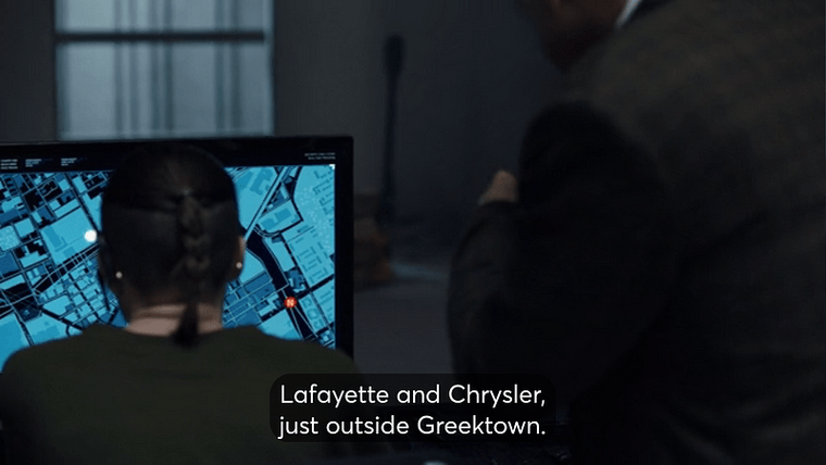 A screenshot with the caption “Lafayette and Chrysler, just outside Greektown”