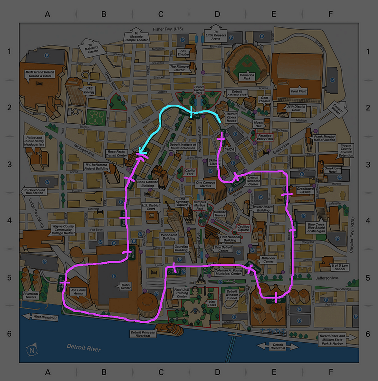 A map of the People Mover loop showing Dodge’s path and the train’s path