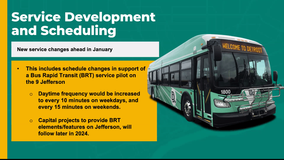 "Service Development and Scheduling" slide. A Bus Rapid Transit pilot is planned for January 2024 with daytime frequency increased to every 10 minutes on weekdays and every 15 minutes on weekends. Capital projects for BRT elements and features would follow later in 2024.