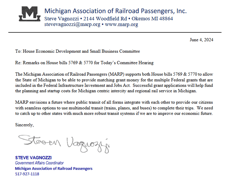 Michigan Association of Railroad Passengers letter