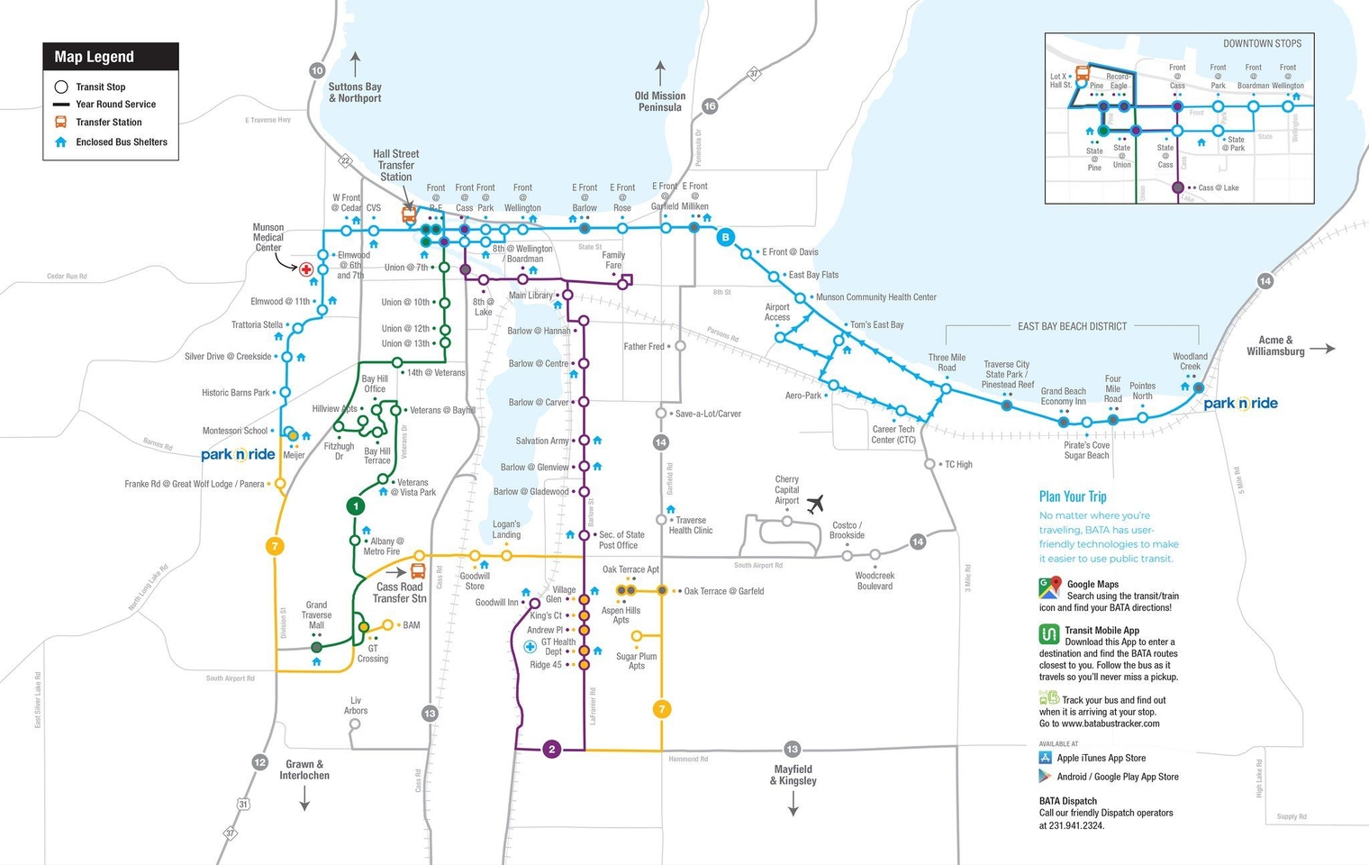 A map of BATA's numbered fixed routes, in addition to the Bayline and the City Loops