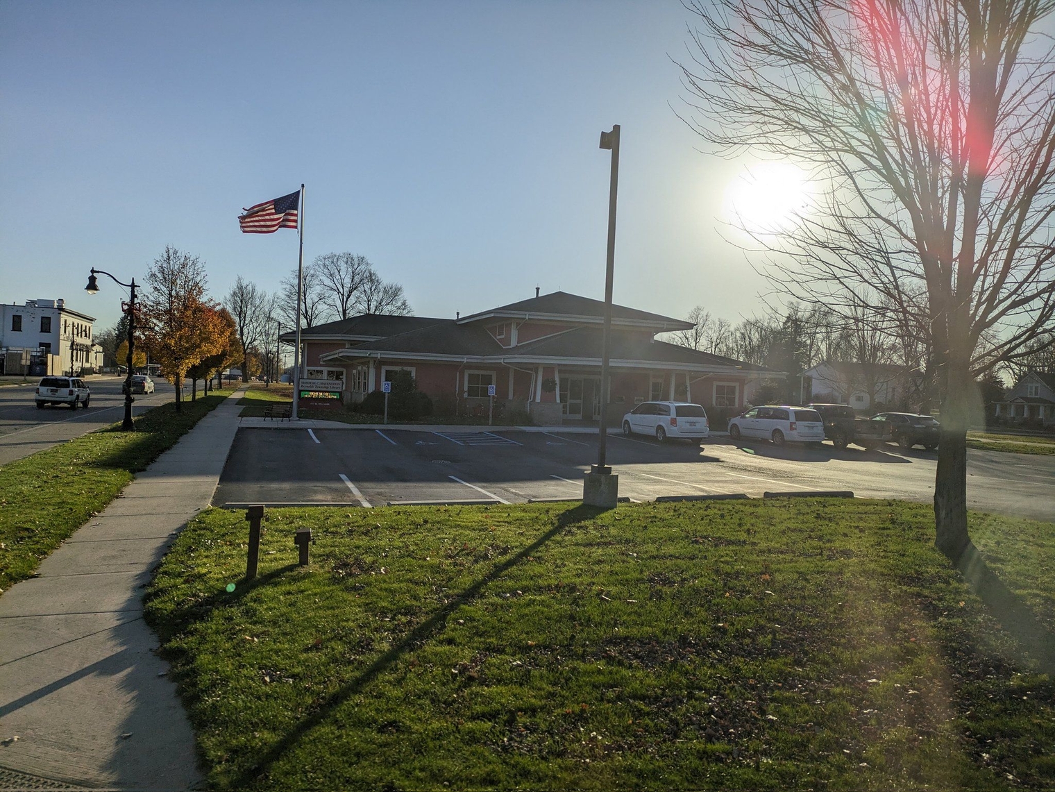 Howard's library, a red two-story building