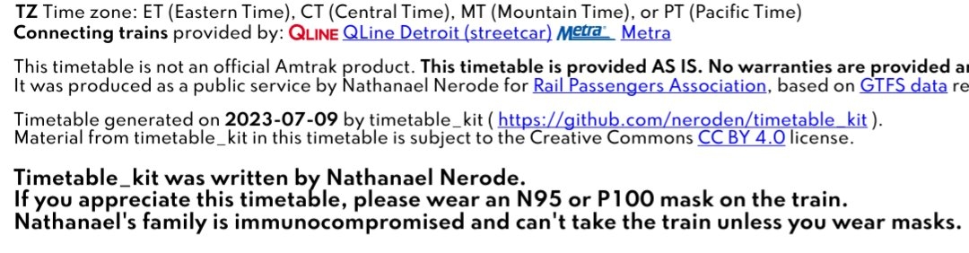 Text reads, &quot;Timetable kit was written by Nathanael Nerode. If you appreciate this timetable, please wear an N95 or P100 mask on the train. Nathanael's family is immunocompromised and can't take the train unless you wear masks.&quot;