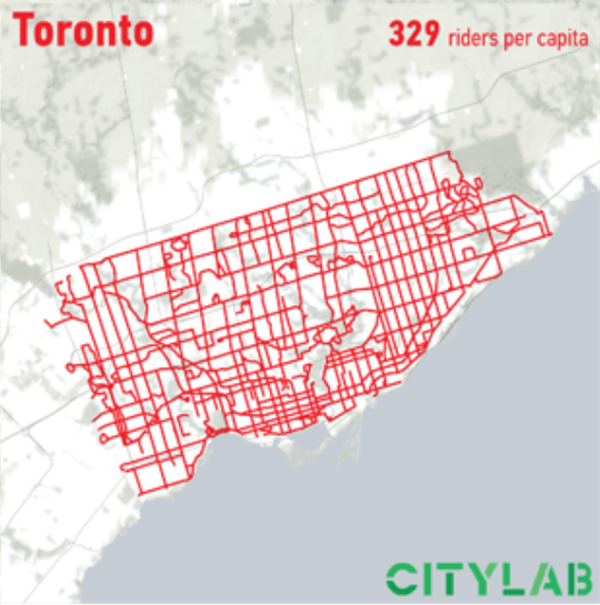 A map of bus routes in Toronto. Almost every major street has its own route, forming a simple grid of straight lines for riders to navigate.