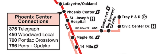 A map inset depicting Phoenix Center transfers from FAST to four other routes.