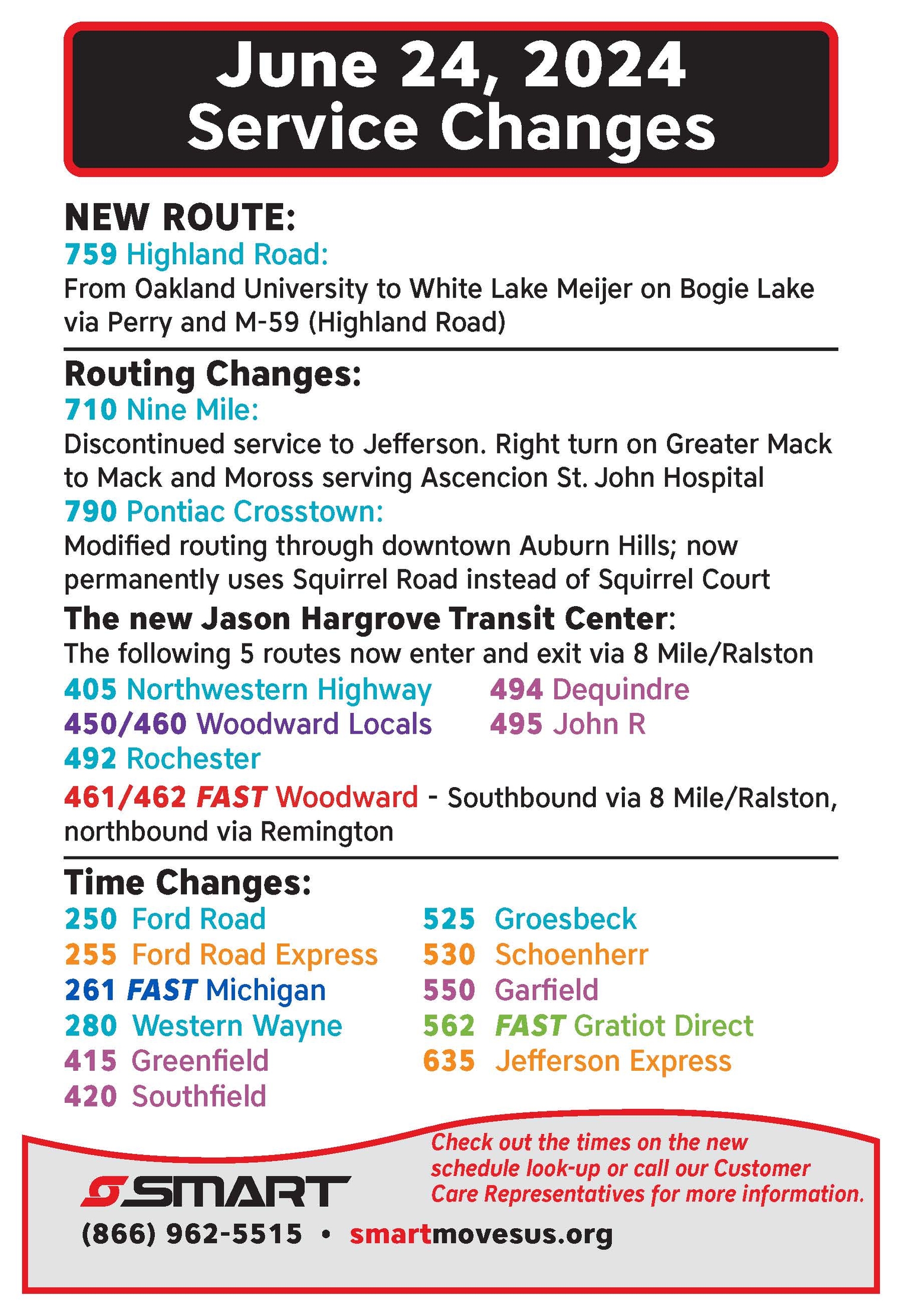 Service change bulletin from SMART which lists the above routes