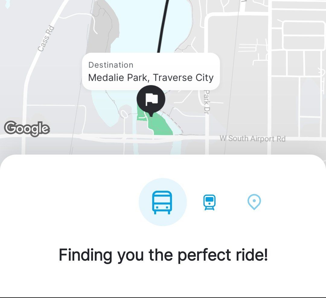 Via screen says "Finding you the perfect ride!" to Medalie Park