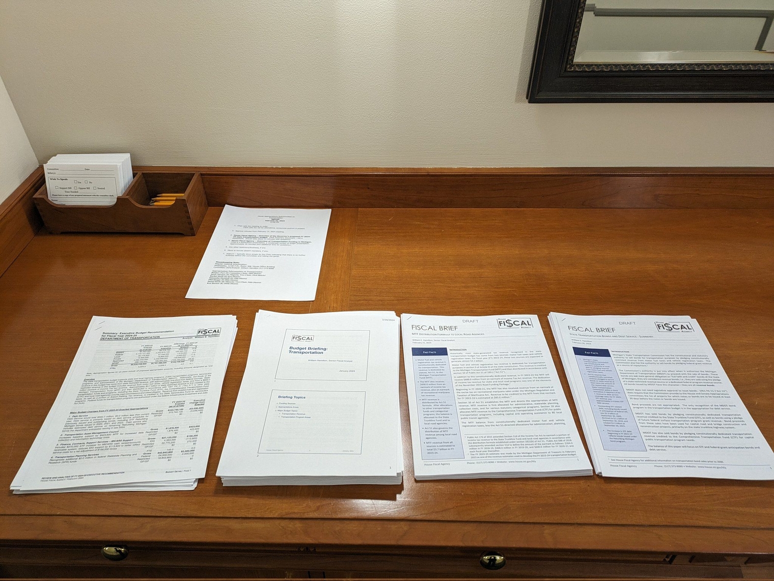 Printed budget documents available for committee attendees in the House Office Building