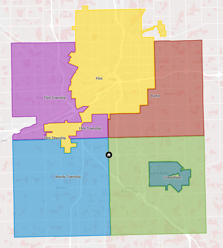 A map showing the boundaries of the City of Flint, Flint Township, Burton, Mundy Township, Grand Blanc, and Grand Blanc Township.