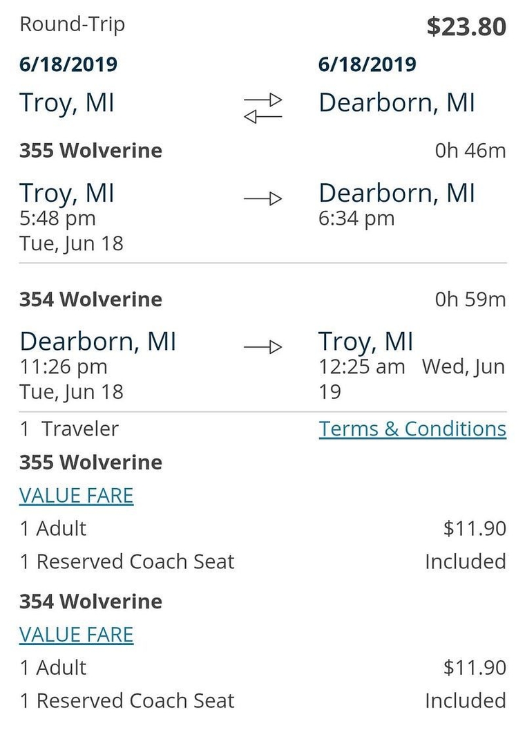 Amtrak timetable between Troy and Dearborn