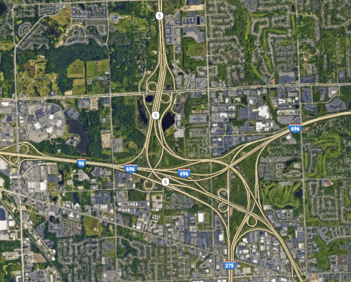 A satellite image of the I-96 and I-275 interchange in Metro Detroit