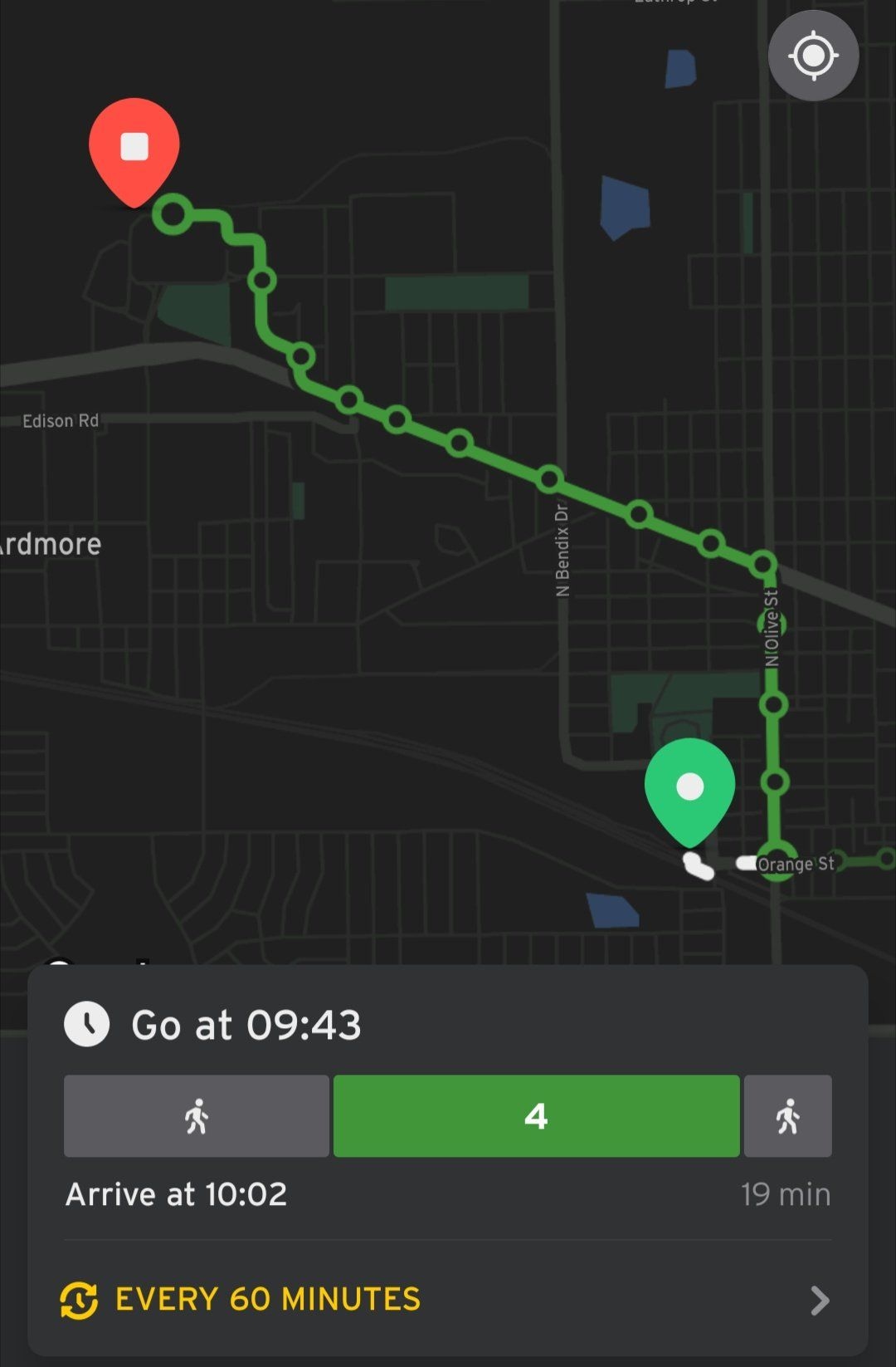 Hourly departures on Saturdays as seen in the Transit App