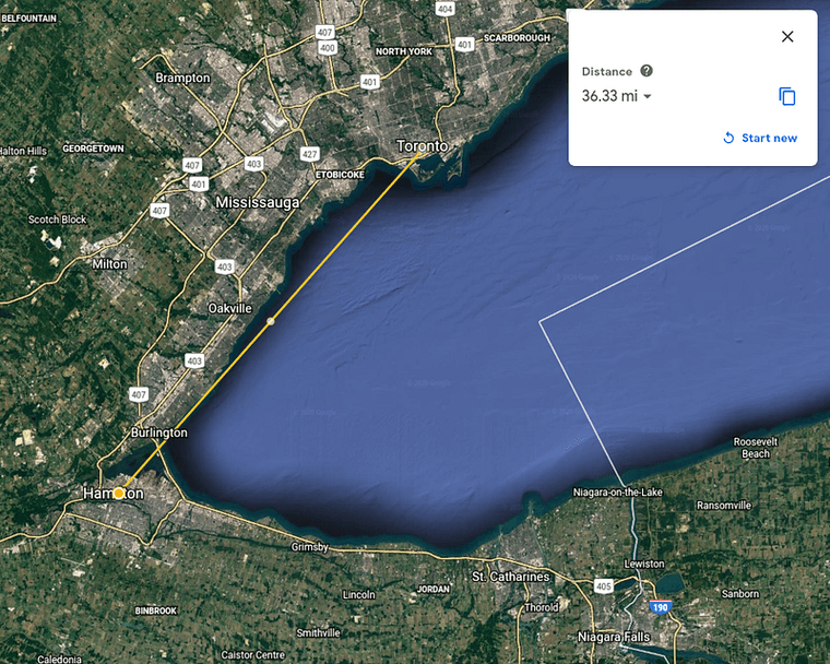 A Google Earth screenshot of the distance between Toronto and Hamilton