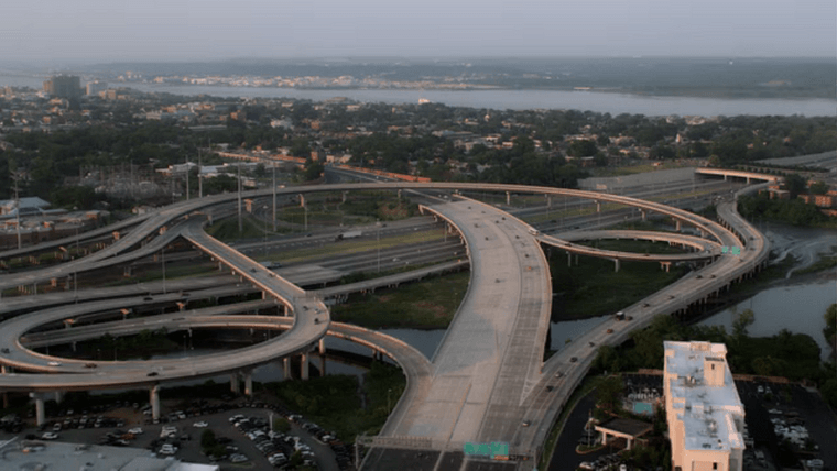 Drone footage of a highway interchange