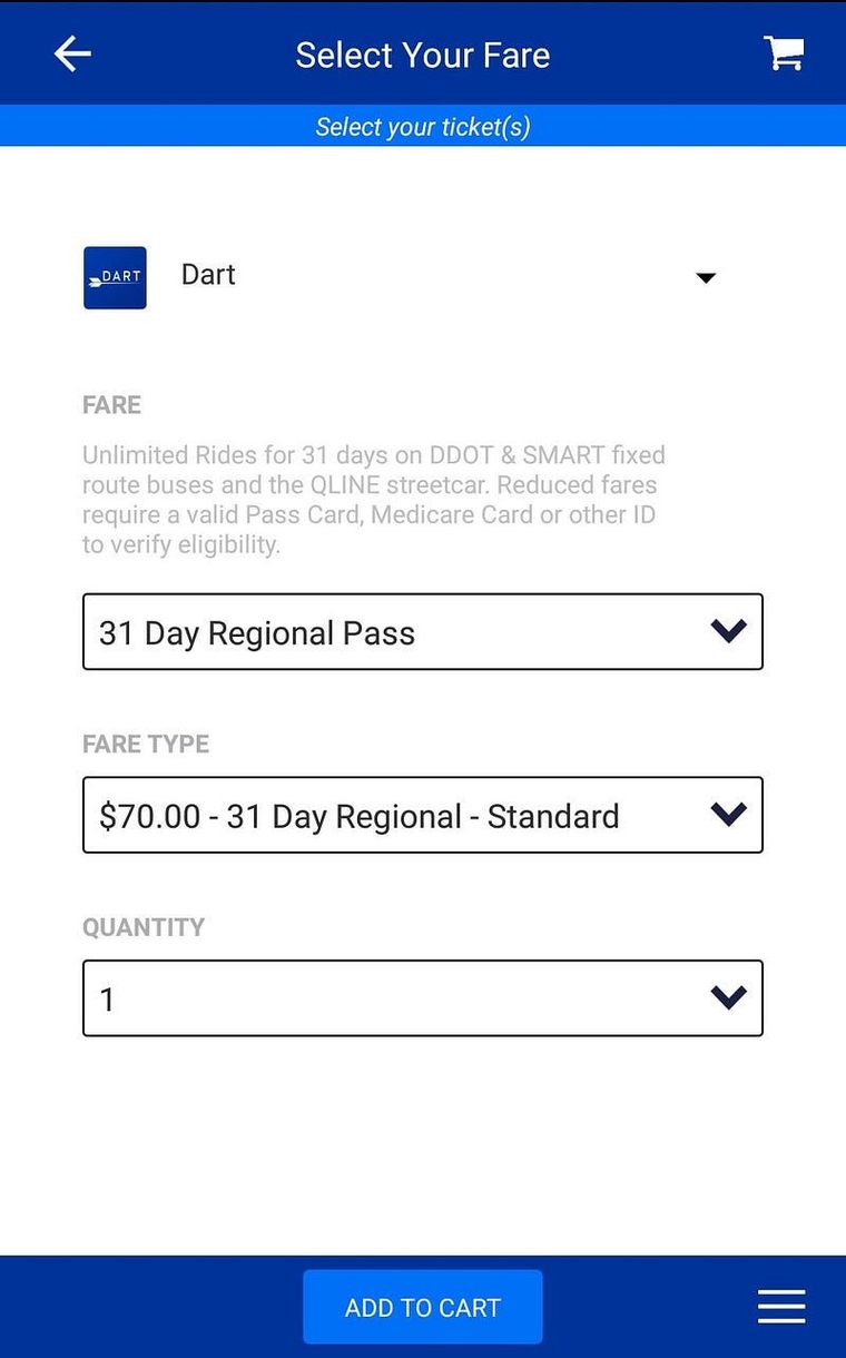 The new DART mobile app, which is valid on SMART, DDOT, and the QLINE. Pictured: The purchase screen for a 31-day regional pass, which offers unlimited rides on all three transit options.