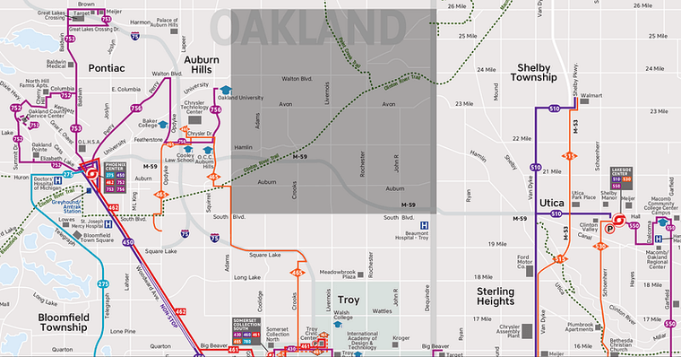 An inset of the SMART system map showing routes in Pontiac, Auburn Hills, Troy, Sterling Heights, and Shelby Township. These routes surround Rochester Hills, but do not cross through the city. Rochester Hills is highlighted by a darkened square.