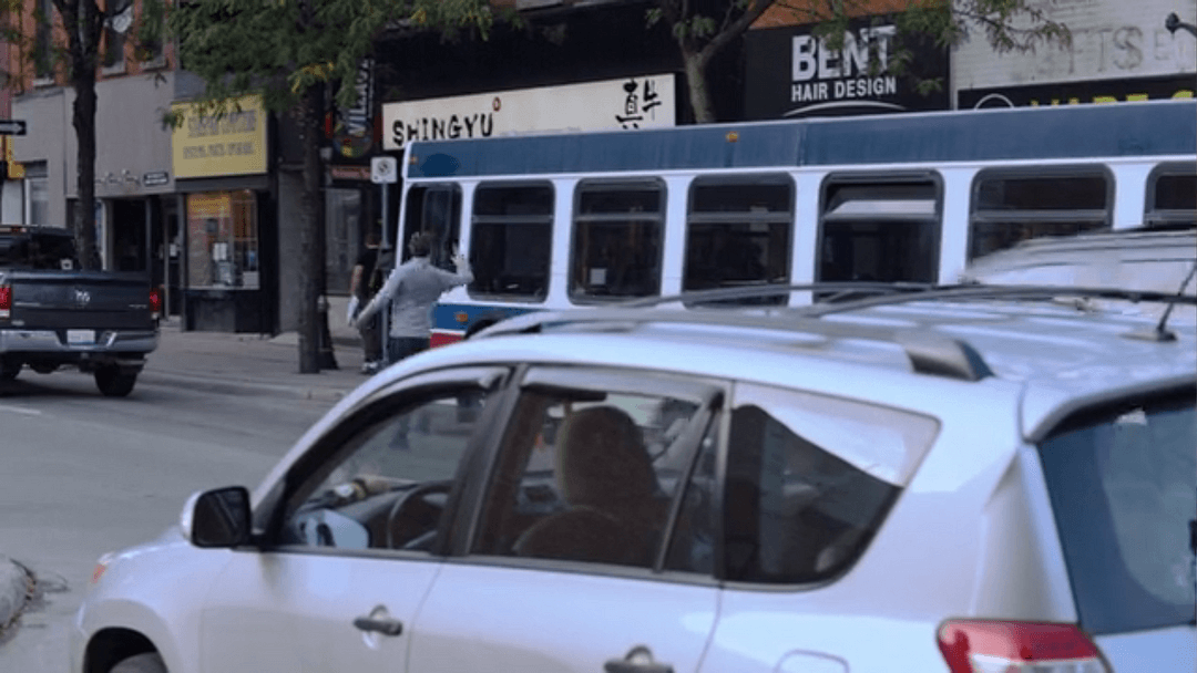 Dodge running towards a blue and white bus