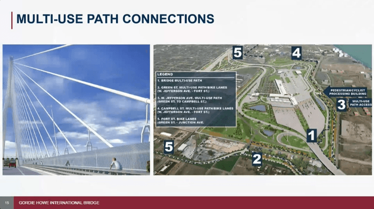 An aerial map of the planned multi-use path connections to and from the bridge.