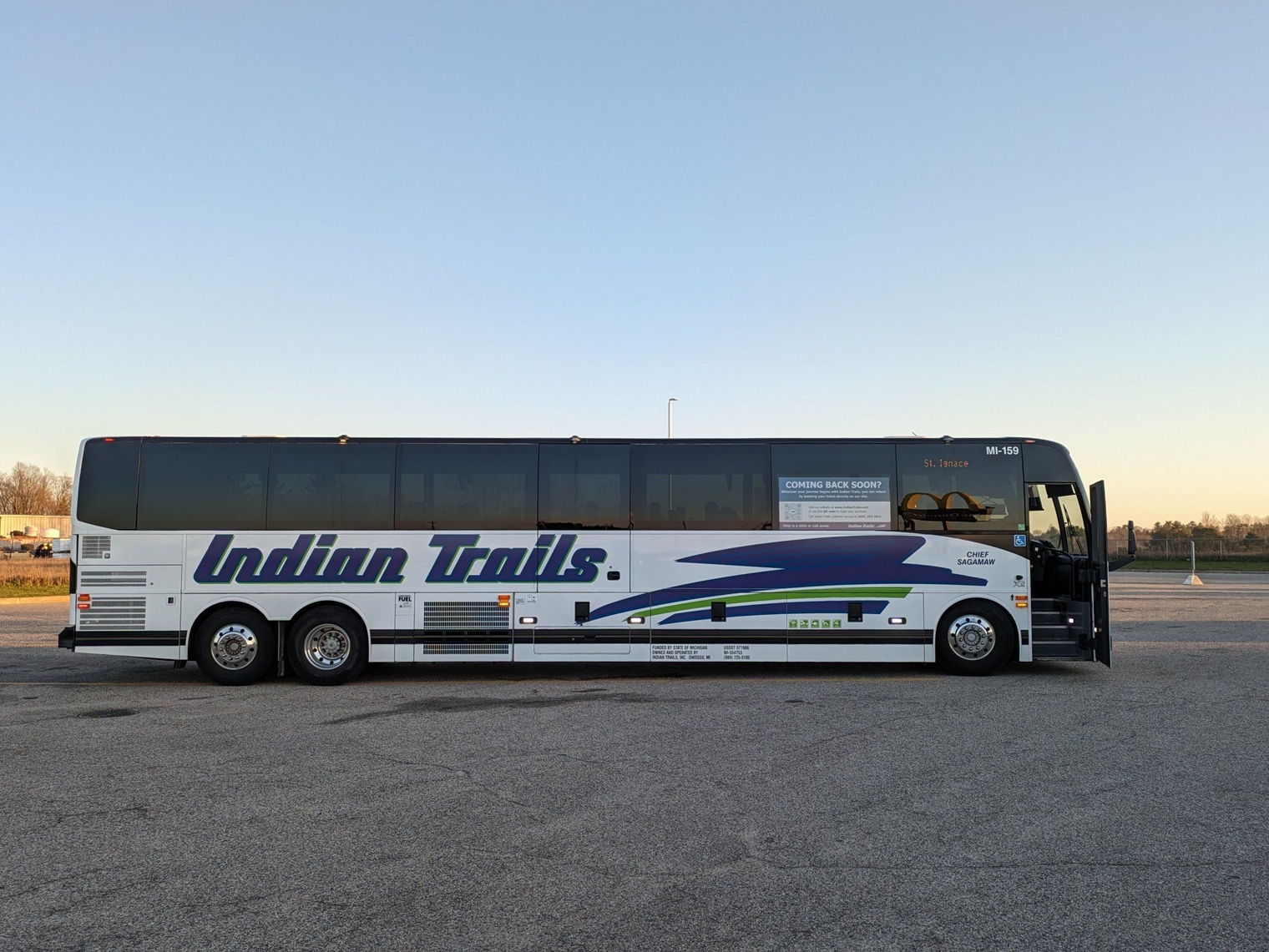 The Indian Trails bus in the parking lot