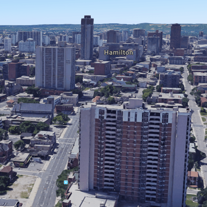 Google Earth satellite image of downtown Hamilton