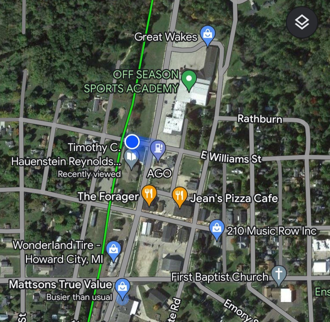 Howard on Google Maps – a few restaurants, a library, and a pizza place. Small village