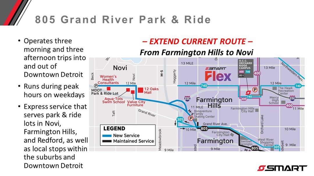 Map of Route 805, Grand River Park and Ride, extended to serve Twelve Oaks Mall and the MDOT Park & Ride Lot at Beck Road. Operates three eastbound morning trips and three westbound afternoon trips on weekdays.