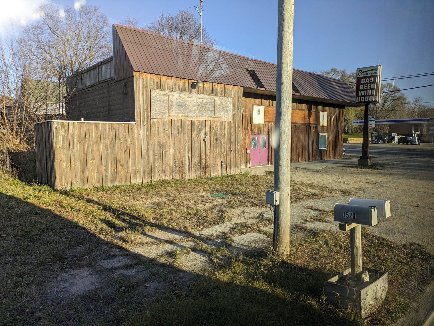 Bauman's Party Store, a wooden shed looking building