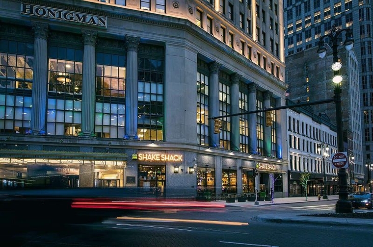 The first floor of the First National building as seen from Woodward Avenue.