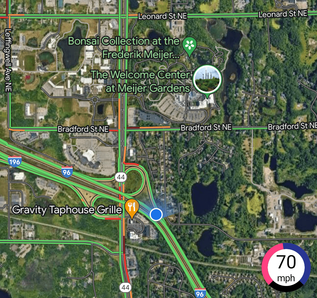 Google Maps showing me passing the Gardens on I-96