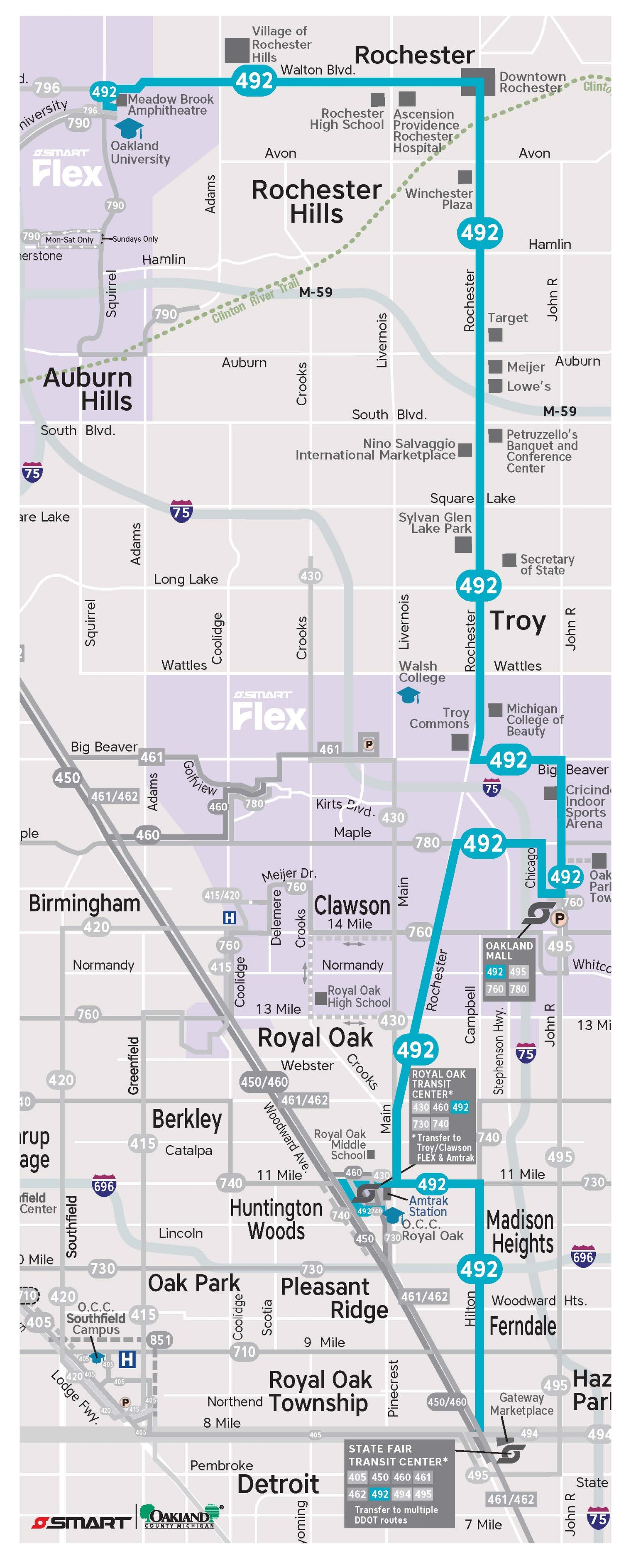 Map of Route 492, traveling from Oakland University to the State Fair Transit Center via Royal Oak