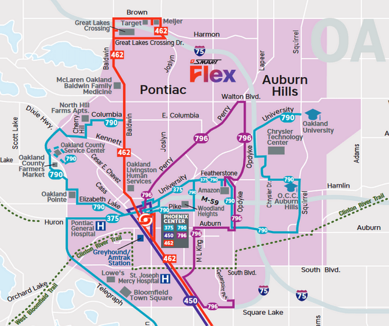 An inset of the system map showing routes 375, 450, 790, 796, and 462 FAST Woodward.