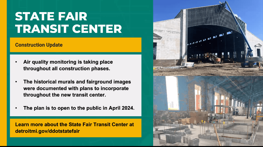 Additional photos show the crane positioned in front of a large facade above the open entryway and cinder blocks lining the floor of the building. Text reads, "Air quality monitoring is taking place throughout all construction phases. The historical murals and fairground images were documented with plans to incorporate throughout the new transit center. The plan is to open to the public in April 2024.