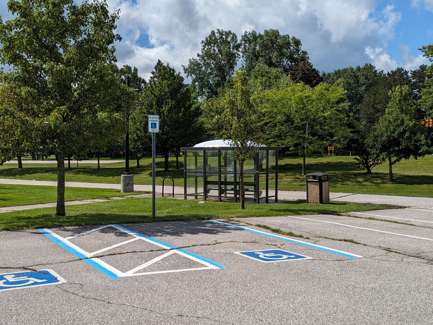 A bus shelter on the perimeter of the Bridgeport Park and Ride lot